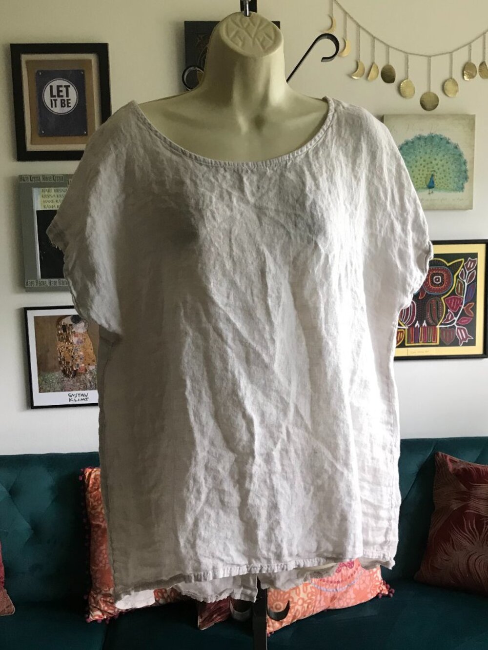 TERZO MILLENNIO size L Beige Linen Hi-Lo Button Back Top Lagenlook Artsy